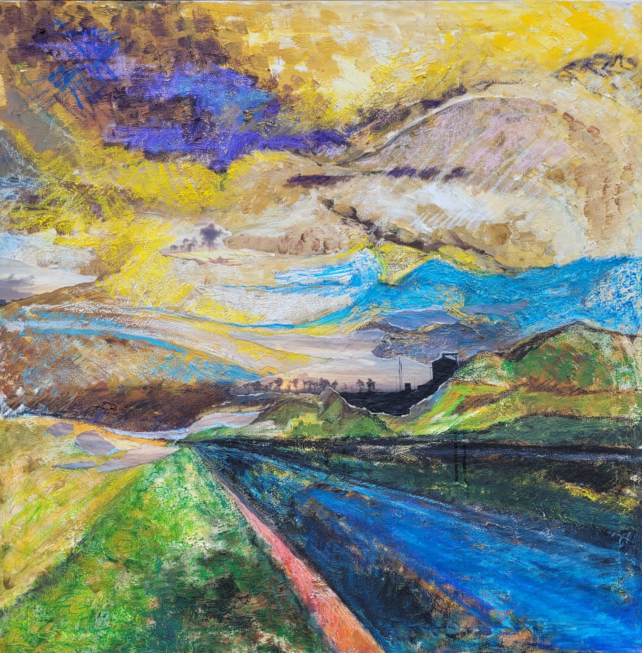 Farmland in the fog. Oil, crayons and collage on canvas. 80x80 cm.