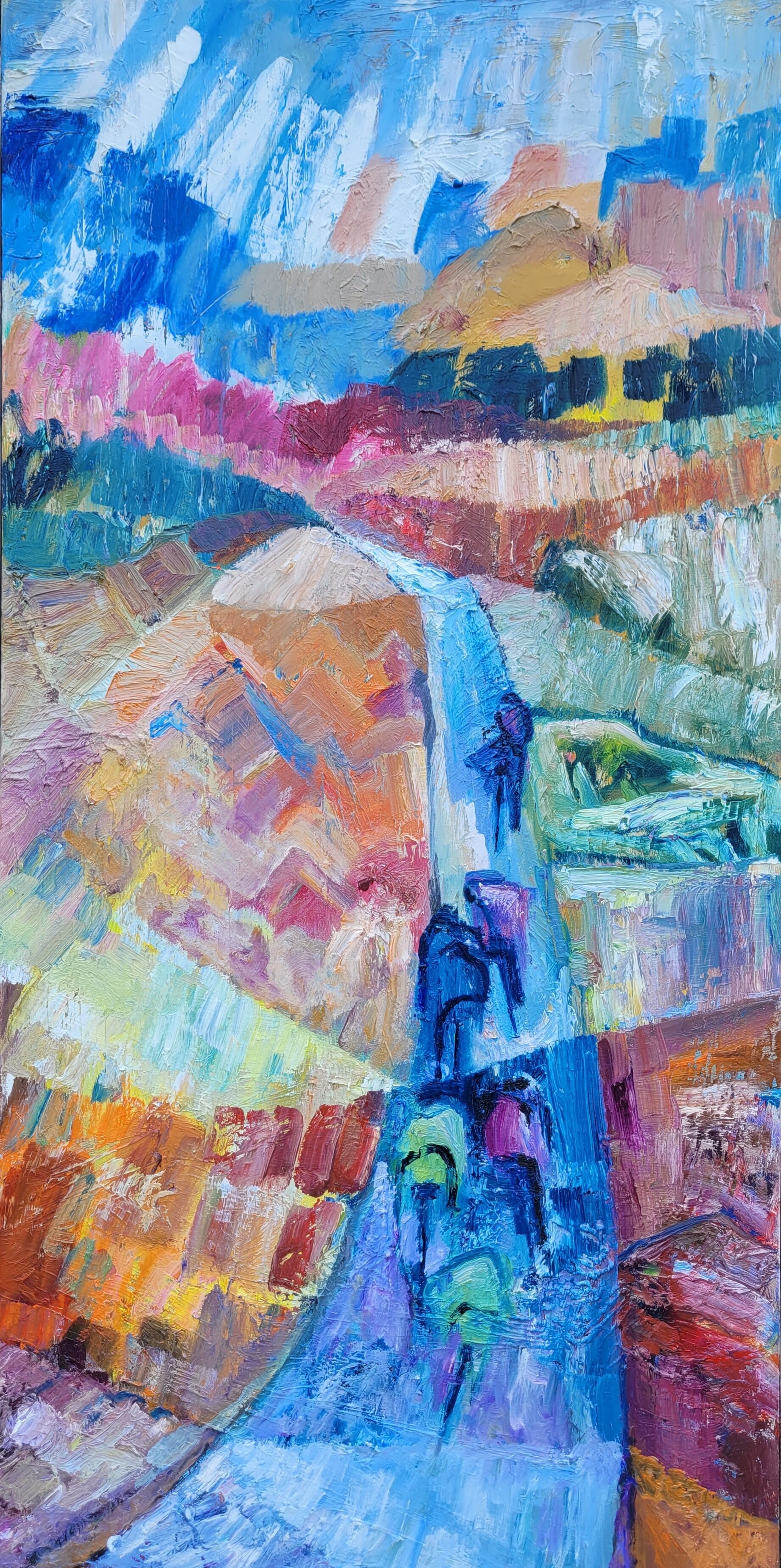 Ride in blue light. Oil on canvas 100x50 cm.