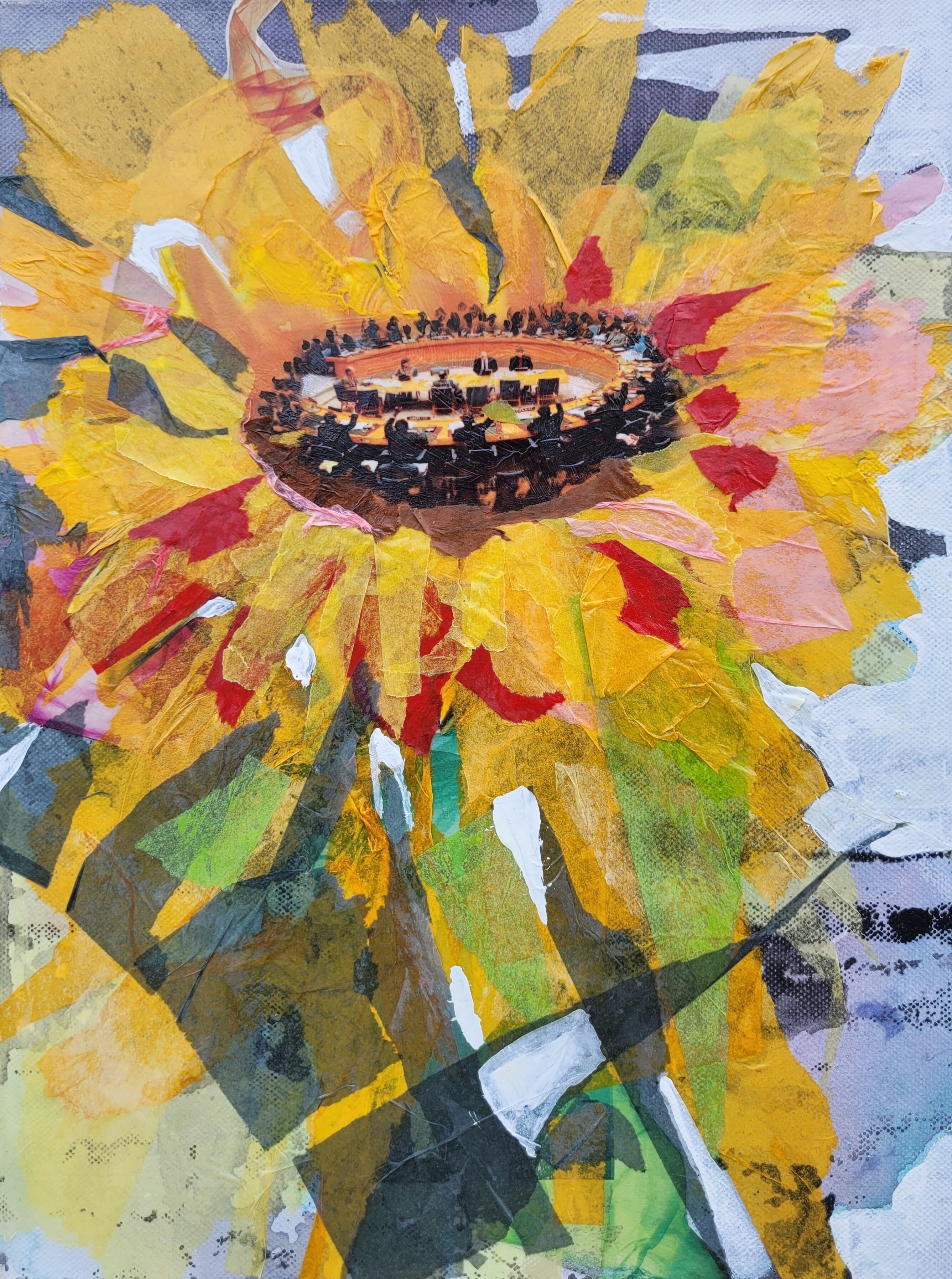 Sunflower parlament. Collage on canvas 40x30 cm.